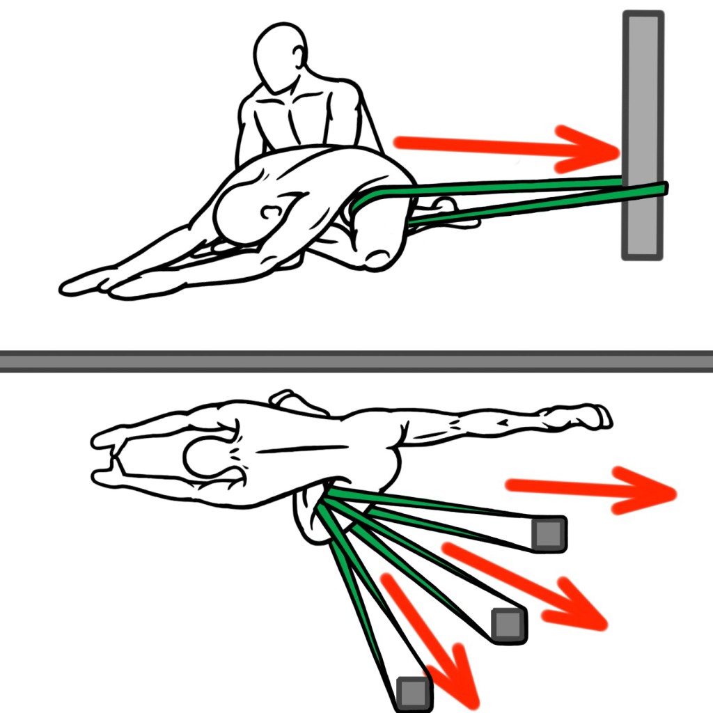 Joint Distraction - Pigeon Stretch (Top View and Three-Quarters View) for Hip Flexion - Hip Abduction and External Rotation