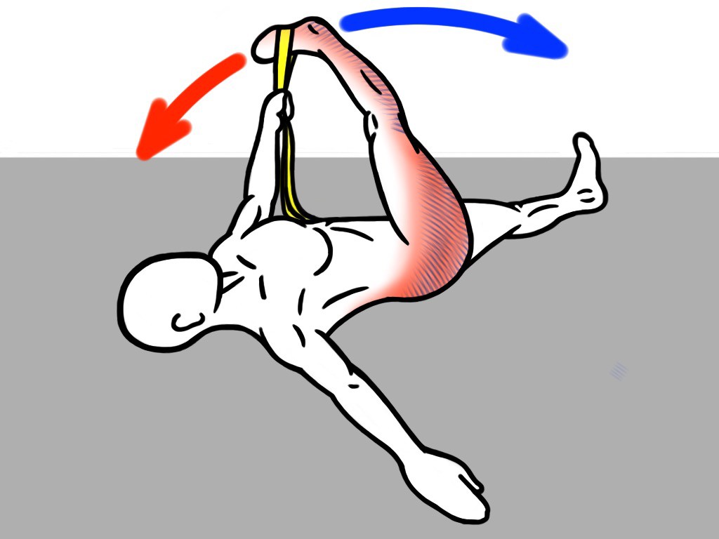 Stretching - PNF Stretch - Contract:Relax - Supine Leg Adduction with Strap for Lateral Bias of the Posterior Chain